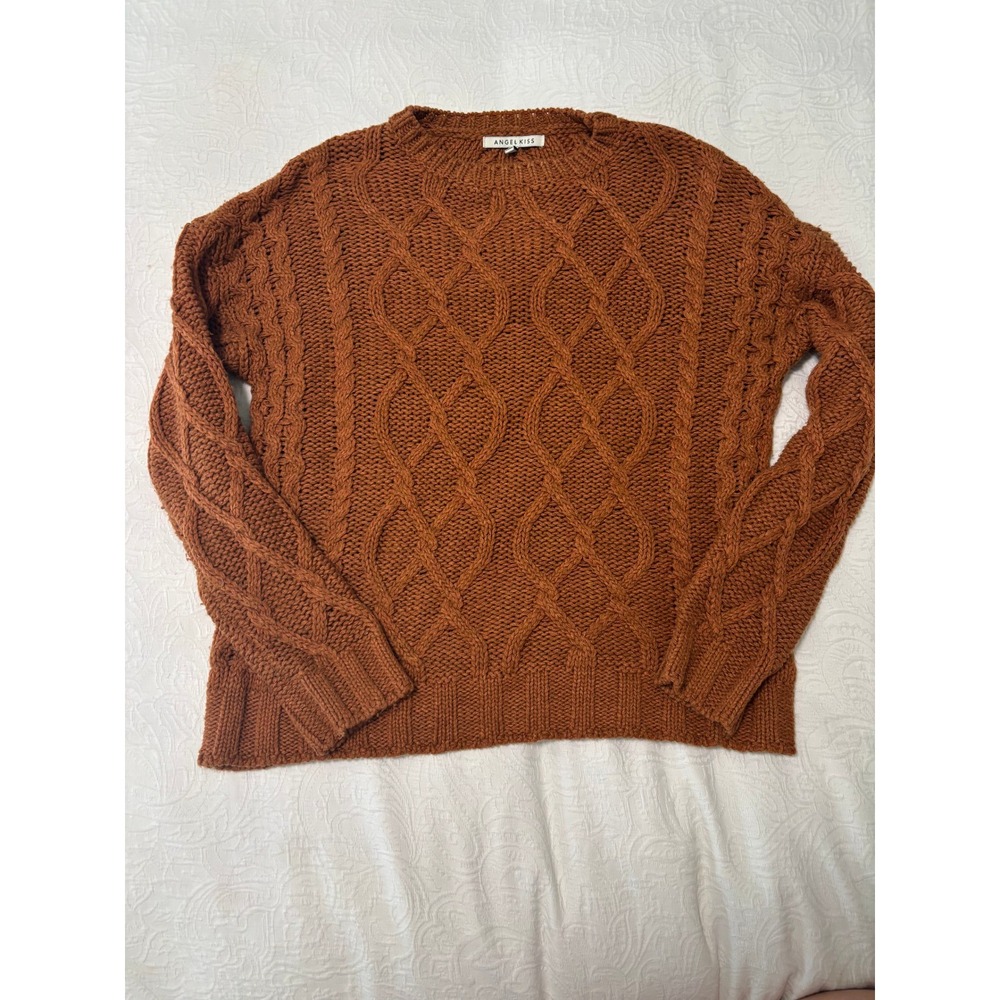 Angel Kiss Womens Rust Orange Cable Knit Crewneck Sweater Small Pullover